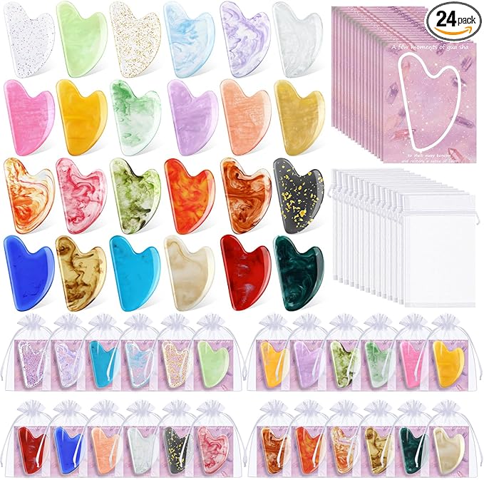 Sherr 24 Sets Gua Sha Facial Tools Bulk Resin Heart Shaped Guasha Boards with Organza Pouch and Cards for Face Body Massage Relaxation Self Care Ideal Spa Acupuncture Prevent Wrinkles (Mixed Colors)