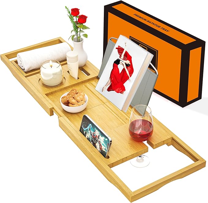 Banlilu Premium Natural Bamboo Expandable Bathtub Tray Caddy, Luxury Spa-Like Experience, Adjustable, Sturdy, Non-Slip, Foldable