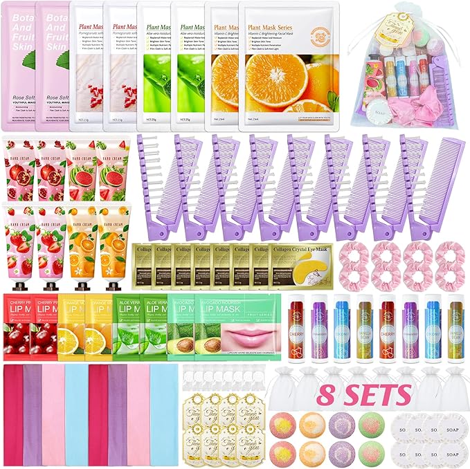 104PCS Sleepover Spa Party Supplies, Include Face Masks, Lip Balm, Hand Cream, Under Eye Patches, Lip Mask, Foot Bath Bombs, Hair Comb, Headband, Spa Birthday Kit for Women Girls Gift Skincare Set