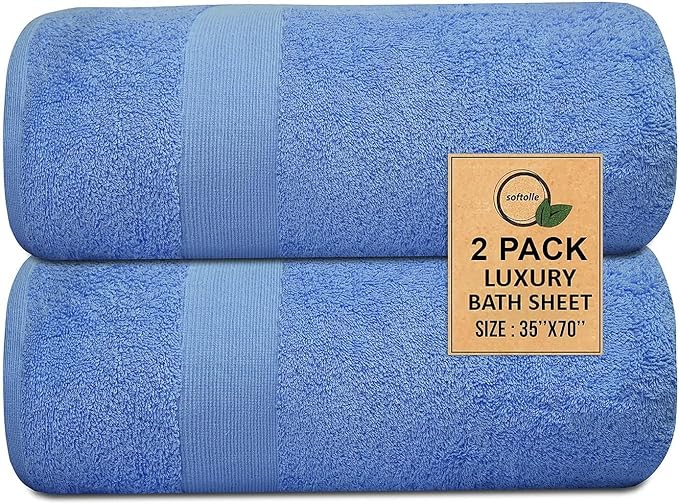 Softolle 100% Cotton Luxury Bath Sheets - Pack of 2 (35" x 70") | Super Soft, Quick-Dry & Highly Absorbent Towels for Bathroom, Home, Spa & Gym (Sky Blue/Navy Blue)
