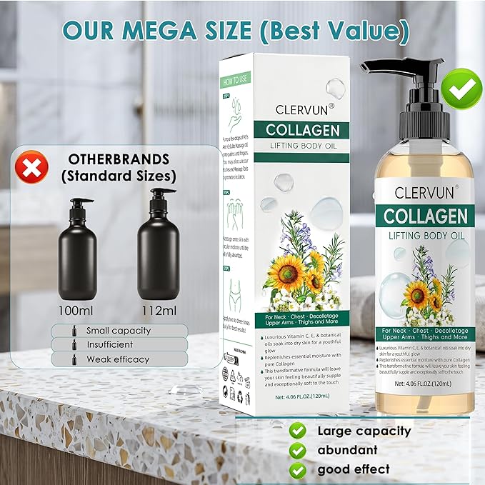 Collagen Lifting Body Oil After Shower - Hydrating Body Oil Firming for Skin Tightening, Visible Anti Aging Moisturizing Collagen Oil, Fast-Absorbing Non-Greasy for Smooth Radiant Skin, 4.06 Fl Oz