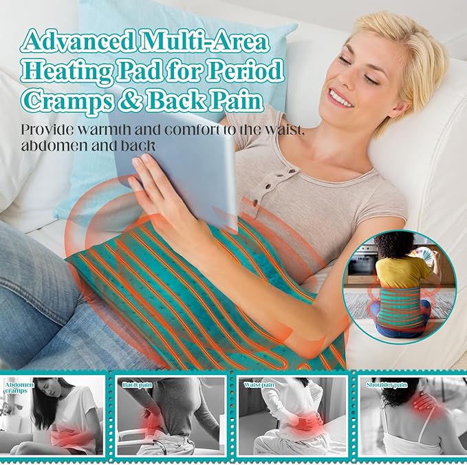 Heating Pad for Back, Heating Pad for Period Cramps/Waist/Stomach with Belt, Mothers Day Gifts for Mom Wife Grandma, Birthday Gifts for Women Men, 6 Heat Settings, 4 Auto-Off, Blue Green