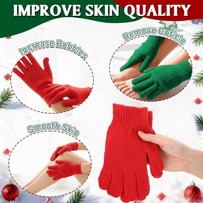 48 Pcs Red and Green Exfoliating Gloves Shower Gloves Bulk Christmas Stocking Stuffing Gifts Double Sided Body Scrub Exfoliate Glove for Women & Men Bath Shower Beauty Spa Massage Scrubber