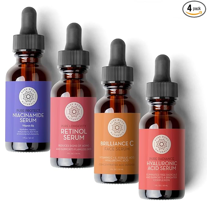 Pure Body Naturals Facial Serum - Hyaluronic Acid Serum, Retinol Serum, Vitamin C Serum, and Vitamin B3 (Niacinamide) Serum - A Perfect Serum Gift Set for Women of All Ages