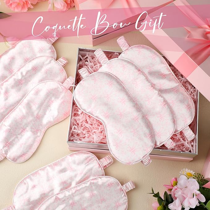 Honeydak 12 Pcs Silk Sleep Masks for Women Girls Bow Party Favors Adjustable Eye Masks for Birthday Sleepover Spa Sweet 16 Party Gifts (Pink,Floral)