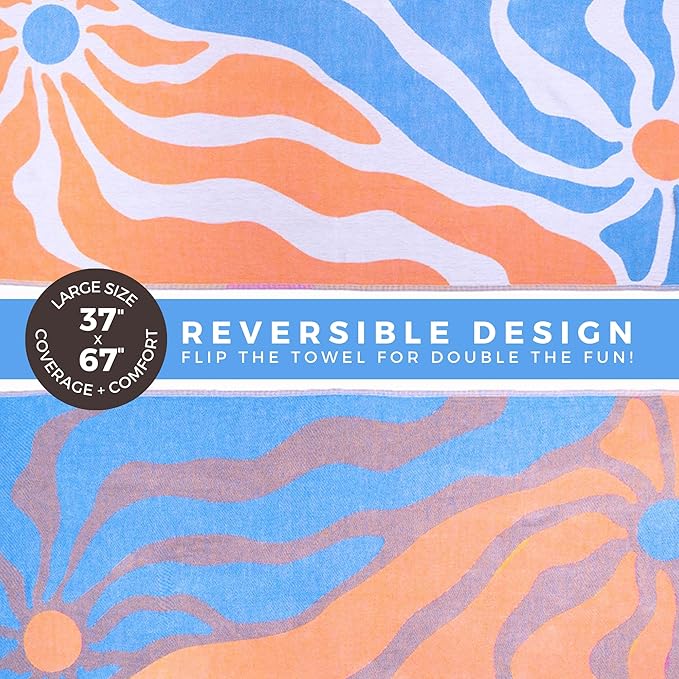 FESHKA Sand Free Turkish Beach Towel (37 x 67) Quick Dry Bath Towel, Oversized Beach Blanket, Lightweight for Travel - Made with 100% Organic Turkish Cotton - Synergy (Blue/Orange)