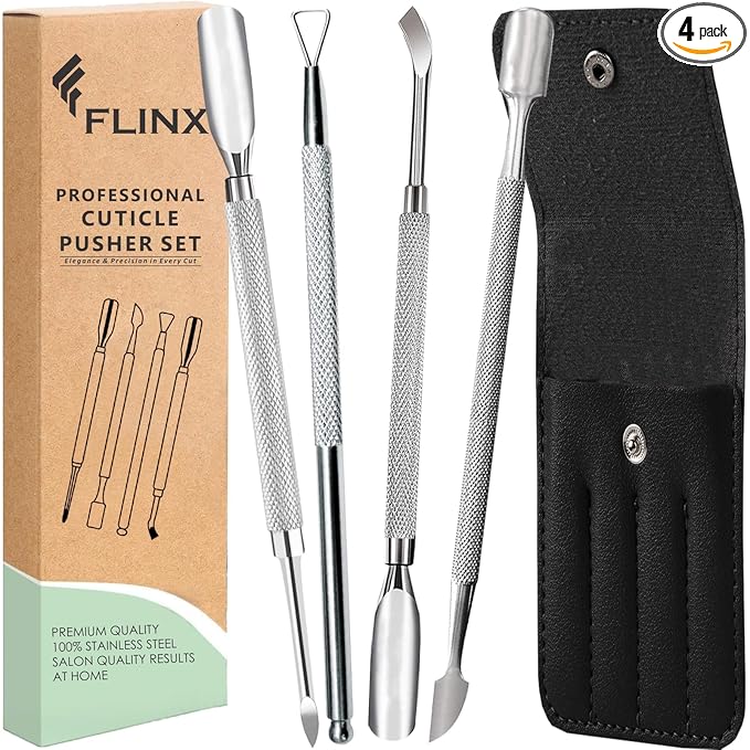 FLINX Metal Cuticle Pusher Tool 4 Pcs Nail Manicure Tools Nail Tᴏols for Manicure & Pedicure, Metal Cuticle Pushers and Scraper, Nails Cuticles Pusher Cuticle Tools for Nails