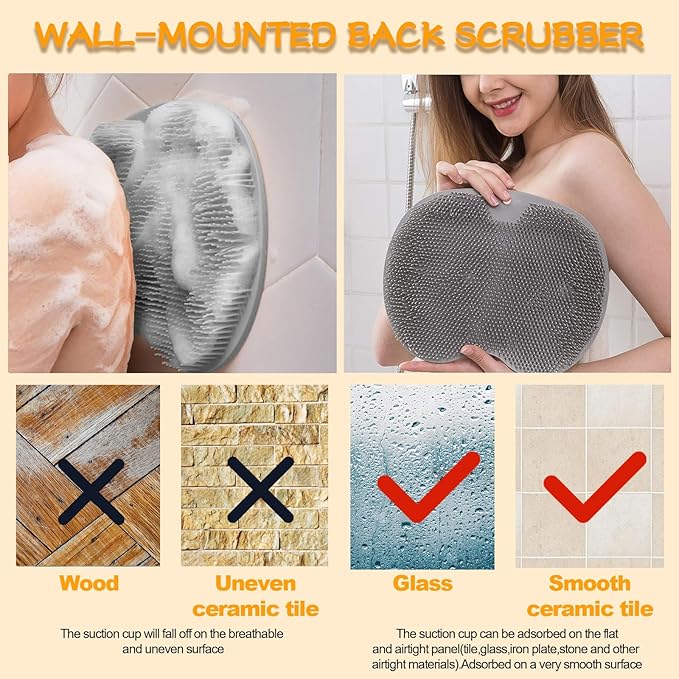 Shower Foot Scrubber, Wall Mounted Bath Massage Pad, Back Scrubber Back with Non Slip Suction Cups to Improve Circulation, Soothe Achy Feet (Grey+Pink)