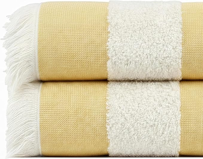 Lightweight Turkish Beach Towel - 100% BCI Cotton, Unbleached Raw Fringe, Oeko-TEX Certified, Absorbent, Eco-Friendly, 36x66”, Golden Lucuma & Natural Stripes, Portable Sarong Blanket for Pool, Travel