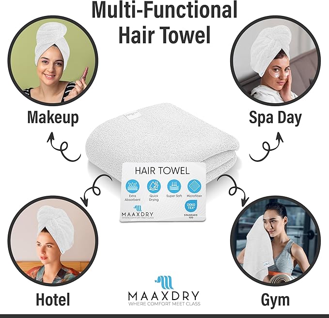 100% Cotton Hair Towel Wrap for Women, Men & Kids – Non-Microfiber 450 GSM Thick Super Absorbent Hair Towel 26x40 Inches, Secure Elastic Hair Wrap for Long & Curly Hair (White)