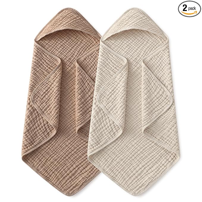 Yoofoss Hooded Baby Towels for Newborn 2 Pack 100% Muslin Organic Cotton Baby Bath Towel with Hood for Babies, Infant, Toddler and Kids, 37.5"x37.5", Soft and Absorbent Newborn Essential, Beige&Coffee