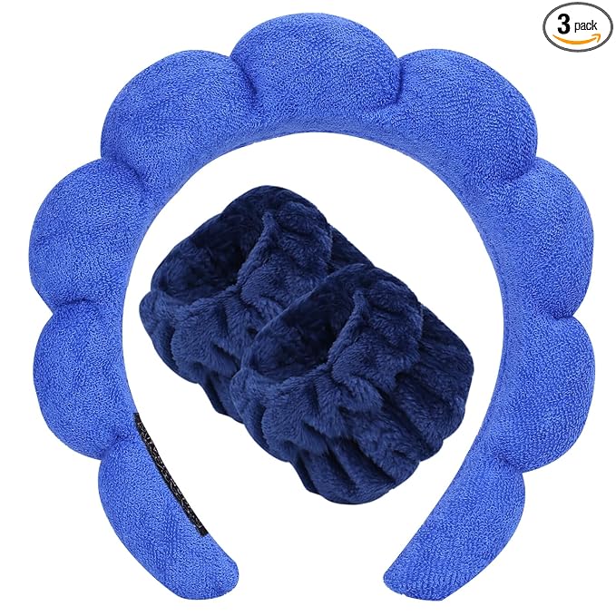Beleki Spa Headband for Washing Face Wristband Set Sponge Makeup Skincare Face Washing Headband Terry Cloth Bubble Puffy Hairband Non Slip Headwear Hair Accessory for Women - Royal Blue