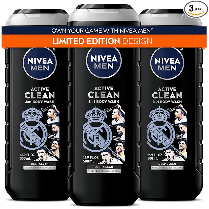 NIVEA MEN Real Madrid Limited Edition Design Active Clean Body Wash with Natural Charcoal for Normal to Oily Skin, 3-in-1 Charcoal Body Wash, Face and Hair, 16.9 Fl Oz Bottle, Pack of 3