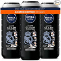NIVEA MEN Real Madrid Limited Edition Design Active Clean Body Wash with Natural Charcoal for Normal to Oily Skin, 3-in-1 Charcoal Body Wash, Face and Hair, 16.9 Fl Oz Bottle, Pack of 3