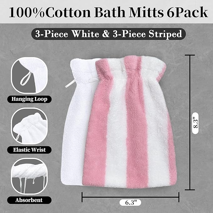 VOOVA & MOVAS 6-Pack Bath Mitts for Shower, 100% Cotton Soft Absorbent Wash Cloths with Hanging Loop, 8.3x6.3 Inch European Style Bathing Gloves for Body & Spa, Pink Stripe & White