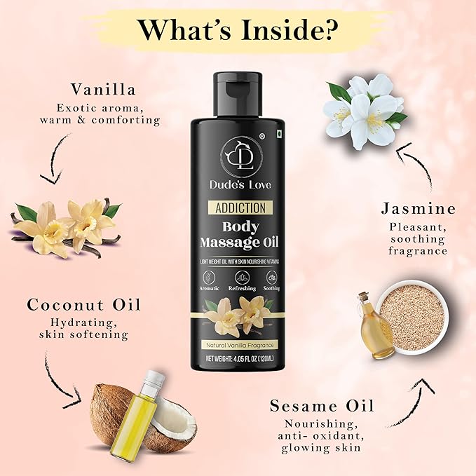Organic - Vanilla Full Body Massage Oil - No Stain & Non-Sticky | with Fractionated Coconut Oil, Vanilla & Jasmin Oil | for Massage Therapy - 4.05 Fl Oz