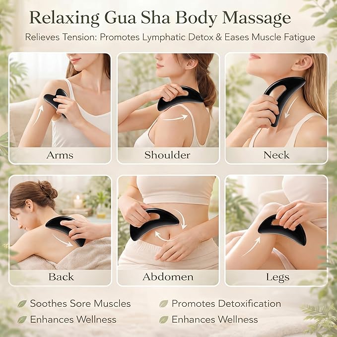 BBTO 2 Pcs Body Gua Sha Tool Large Resin Scraping Tools with Handle for Back, Neck, Face, Leg - Lymphatic Drainage, Cellulite Removal, Muscle Relief(Black)