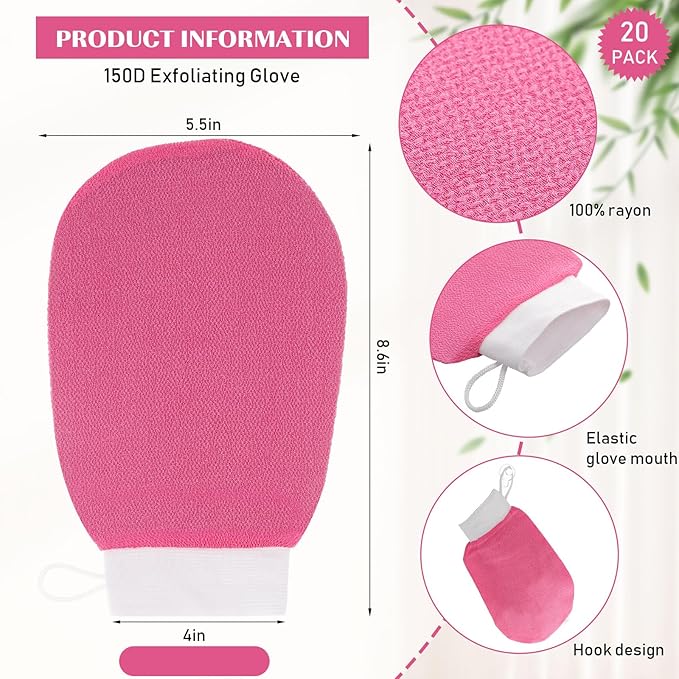 FoldTier 20 Pcs Exfoliating Glove Bulk Summer Exfoliator Mitt Body Scrubber 150d Viscose Fiber Deep Skin Korean Scrub Mitt for Spa Massage Dead Skin Remover for Men and Women(Rose Red)