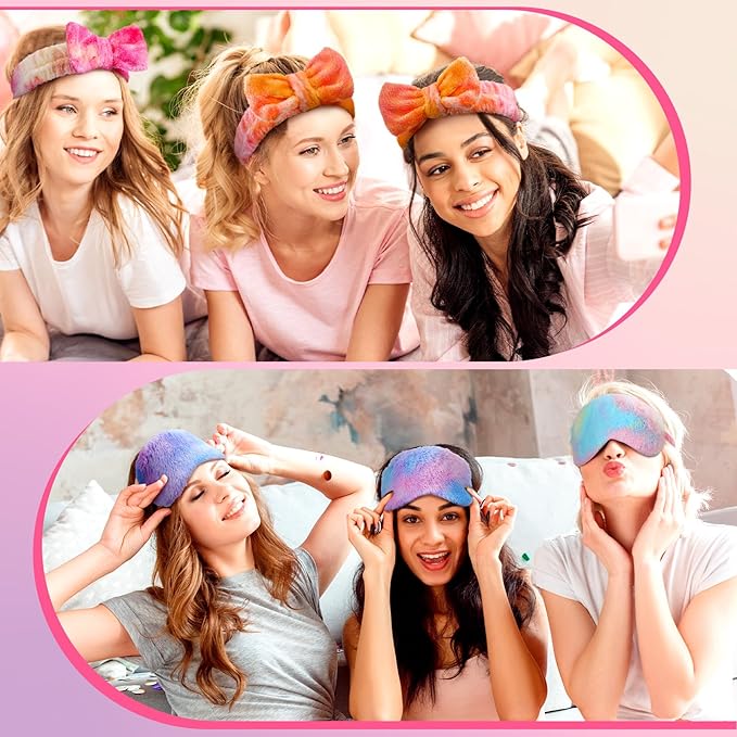 Xuhal 24 Pcs Spa Sleepover Party Favors Supplies Plush Headband and Eye Mask for Women Soft Makeup Washing Face Sleep Hair Bands for Girl Gift Birthday Stuff(Tie Dye)