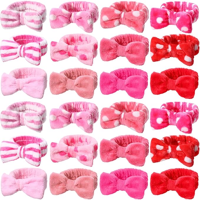 WILLBOND 24 Pieces Spa Headband Bulk Skincare Headbands Face Wash Makeup Hairband Bow Facial Washing Face Head Wraps Adjustable Soft Flannel Towel for Women Shower (Cute)