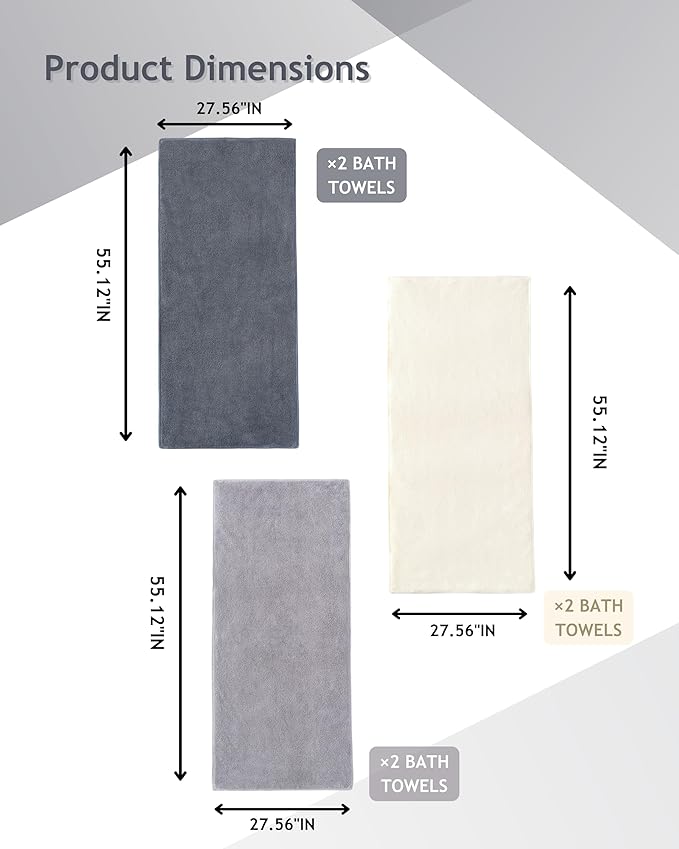 sakano 6-Piece Colorful Microfiber Bath Towel Set - Fast-Drying, Super Absorbent & Non Shedding Towels for Family, Gym, Spa and Salon -White+Light Gray+Dark Gray, 28x56 Inches
