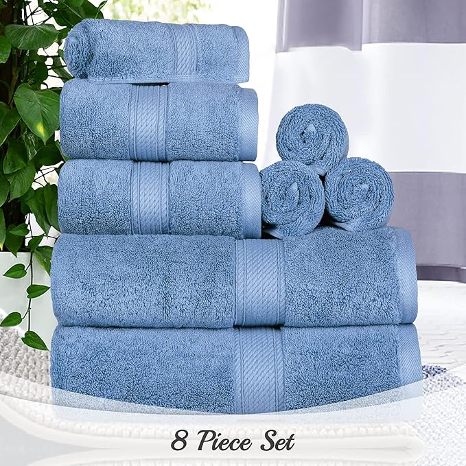 SUPERIOR Egyptian Cotton Pile 8 Piece Towel Set, Includes 2 Bath, 2 Hand, 4 Face Towels/Washcloths, Ultra Soft Luxury Towels, Thick Plush Essentials, Guest Bath, Spa, Hotel Bathroom, Denim Blue