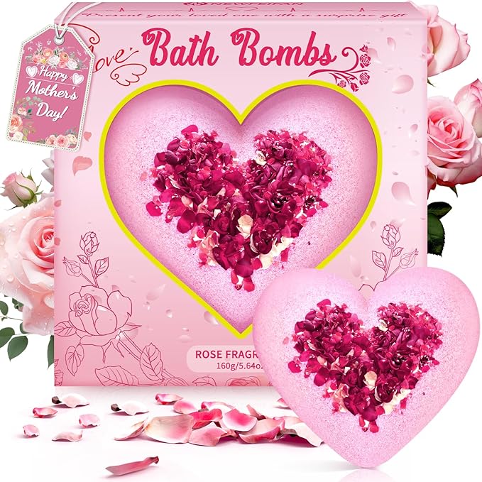 Bath Bombs for Women XXL, Basket Set for Mothers Day Gifts for Mom, Organic Heart Shaped Handmade Rose Essential Oil, Pink Teacher Appreciation Gifts for Wife Daughter Girlfriend Coworkers