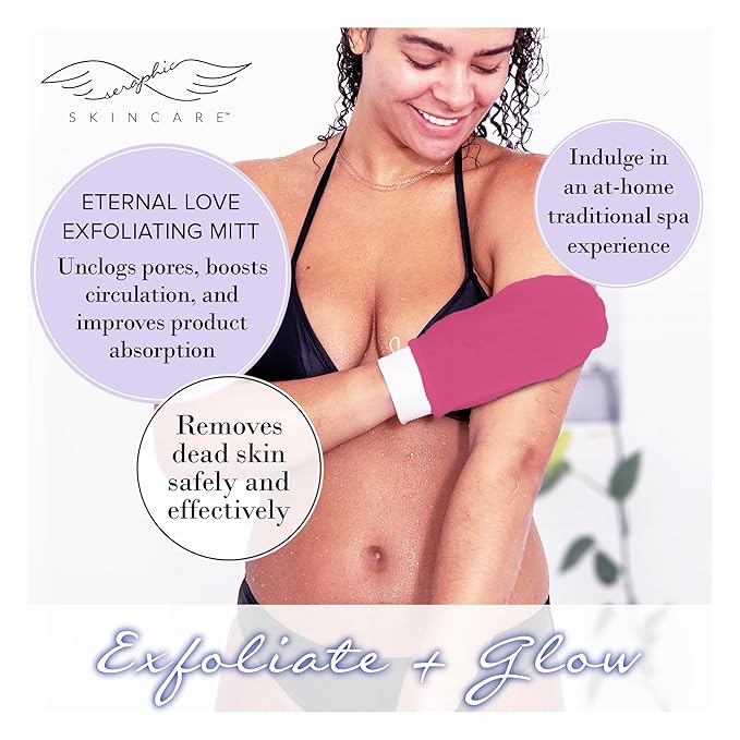 Seraphic Skincare Eternal Love Premium Exfoliating Mitt for Body 1pc – Exfoliating Glove & Body Scrubber for Shower Use, Deep Body Exfoliation, Dead Skin Removal & Self Tanner