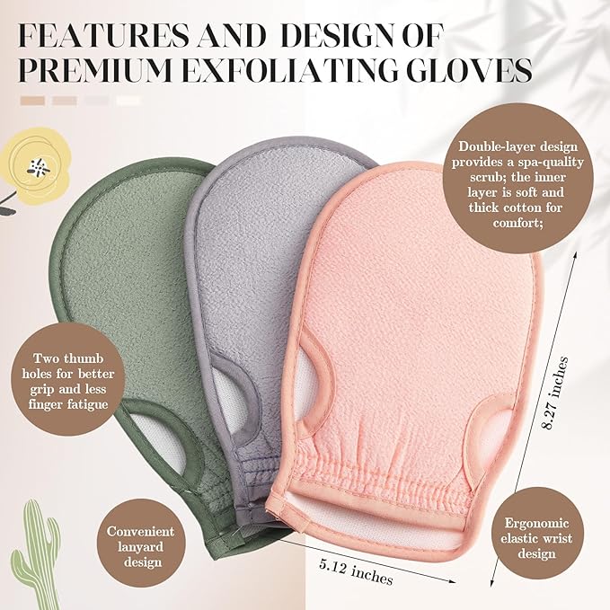 Gilprop 3 Pcs Korean Exfoliating Gloves with Thumb Holes Thorough Exfoliating Mitts for Dead Skin Removal Shower, Machine Washable, Reusable and Skin-friendly Material
