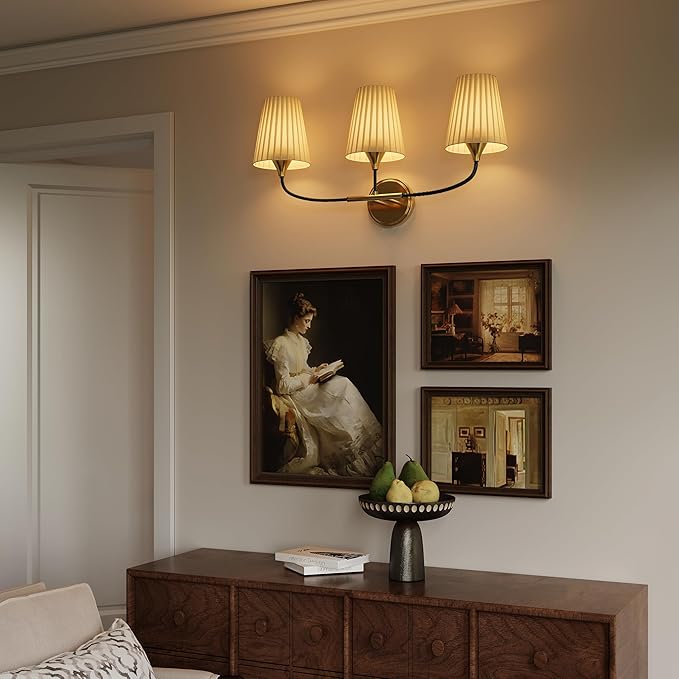 Bathroom Light Fixtures Over Mirror, 3 Light Vanity Light for Bathroom, Black Gold Vanity Light Fixtures with Flared Ivory White Fabric Shade, E26 Socket Modern Sconce Wall Decor(ETL Listed)
