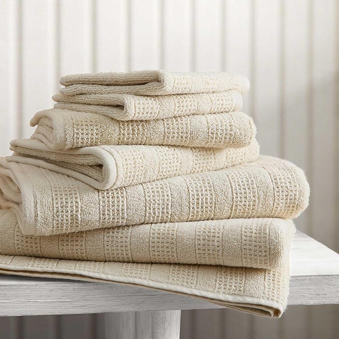 Martha Stewart - Bath Towels, Soft & Absorbent 100% Cotton Towels, Solid 500 GSM, 6-Piece Bathroom Towel Set with Textured Weave (Bedford Cottage Beige)