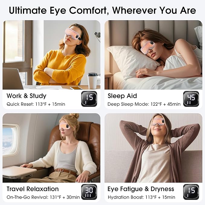 Heated Eye Mask, Cordless Rechargeable Eye Compress, Eye Relief, Improved Sleep, Washable Eye Mask, 4 Heat Levels, 4-Level Timing - Gray
