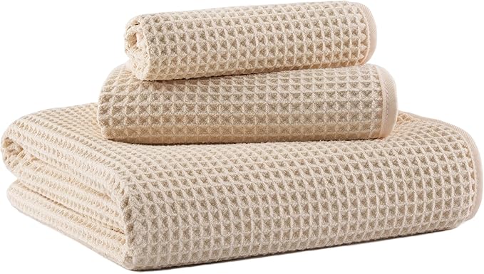 MICROFI New Microfiber Waffle Bath Towels, 3 Pieces, Oversized, Soft, Absorbent, Fast Drying, Lint Free, Includes Bath, Face and Hand Towels 430 GSM (Champagne)