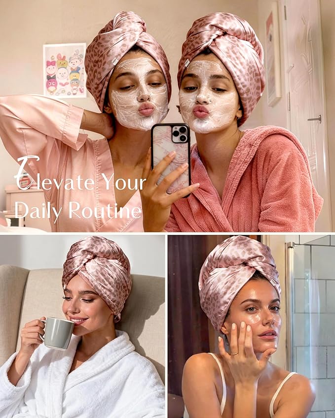 YANIBEST Satin Microfiber Hair Towel Wrap for Women, Fast Drying, Ultra Absorbent, Head Turban with Elastic for All Hair Types, Pickleopard