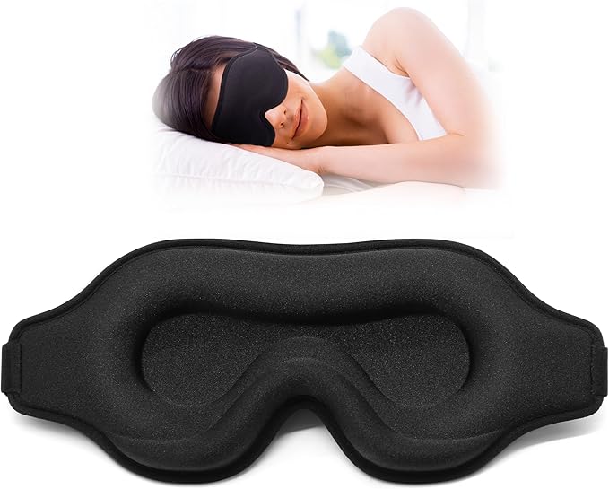 Sleep Eye Mask for Men Women, Sleeping Mask for Side Sleeper, Travel Blackout Night Blindfold Eye Shade Cover with Adjustable Strap (Black)
