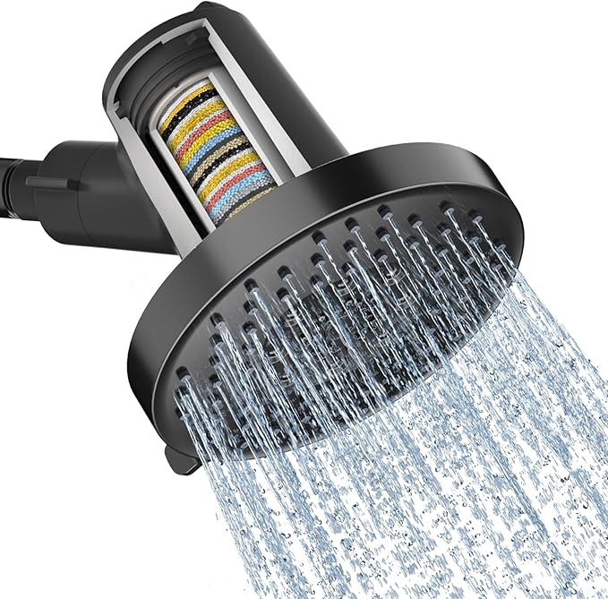SR SUN RISE Filtered Shower Head - High Pressure Rain Shower Head with 20-Stage Filterr, 6 Spray Modes for Hard Water Softener, Remove Chlorine & Heavy Metals (Black, 5.5 Inch Round)