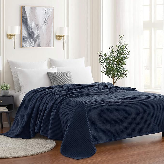 Sweet Home Collection 100% Fine Cotton Blanket Luxurious Weave Stylish Design Soft and Comfortable All Season Warmth, Full/Queen, Waffle Weave Navy (Pack of 1)