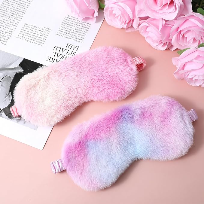 2 Pcs Plush Eye Mask Soft Sleeping Blindfold Eye Cover Comfortable Furry Faux Fur Sleeping Mask Satin Nap Night Eyeshade Cover for Women Men Gift (Purple, Red)