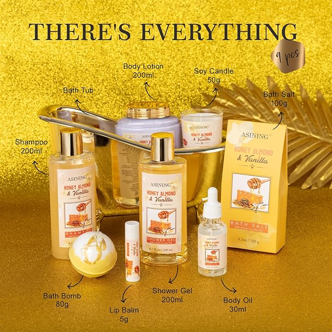 Spa Gift Baskets For Women and Men, Home Luxury Scents Honey Almond Bath Sets for Women Gift, Spa Set Spa Basket with Body Lotion, Lip Balm & More Bath Gift Set Best Gift for Her, Bath Kits Gifts