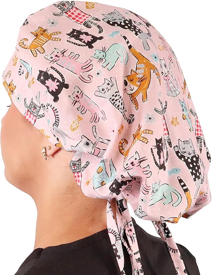 Sparkling EARTH Banded Bouffant Surgical Scrub Ponytail Working Caps and Built-in Sweatband - 100% Cotton - Made in The USA