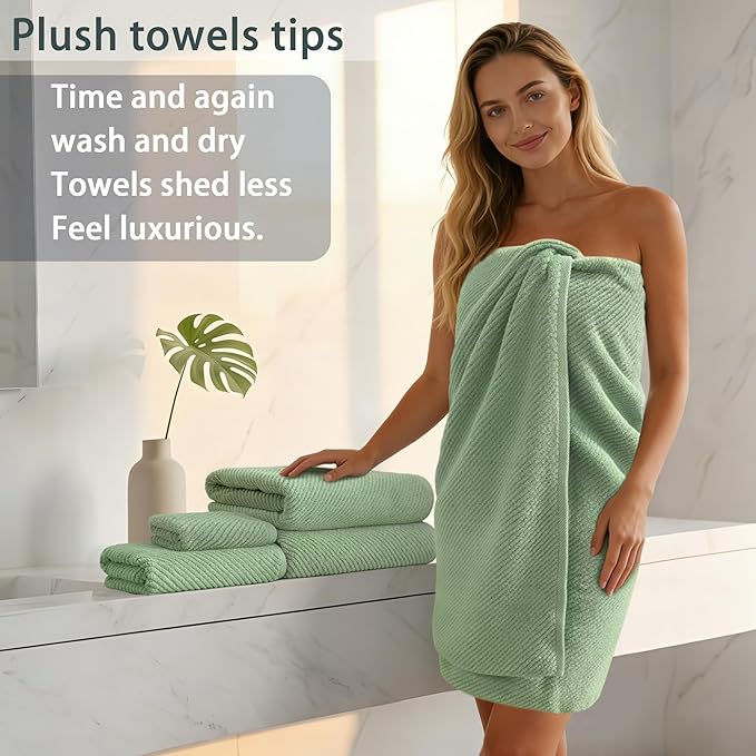 VOOVA & MOVAS Green Bath Towels (4PC, 30"x56") - 100% Cotton | Quick Dry | Light Weight | Thick | Soft | Absorbent - Luxury Shower Towel for Bathroom, Bath Towels Gift Set, Sage Green
