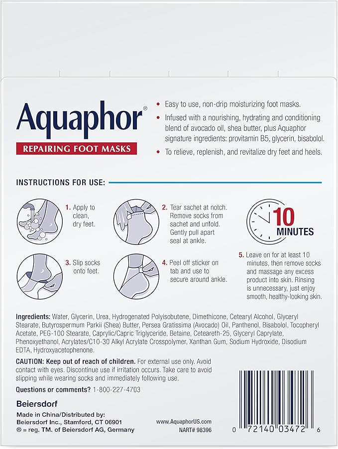 Aquaphor Repairing Foot Masks, Moisturizing Socks for Dry Feet, Hydrating Foot Care Treatment with Avocado Oil and Shea Butter, Pack of 18
