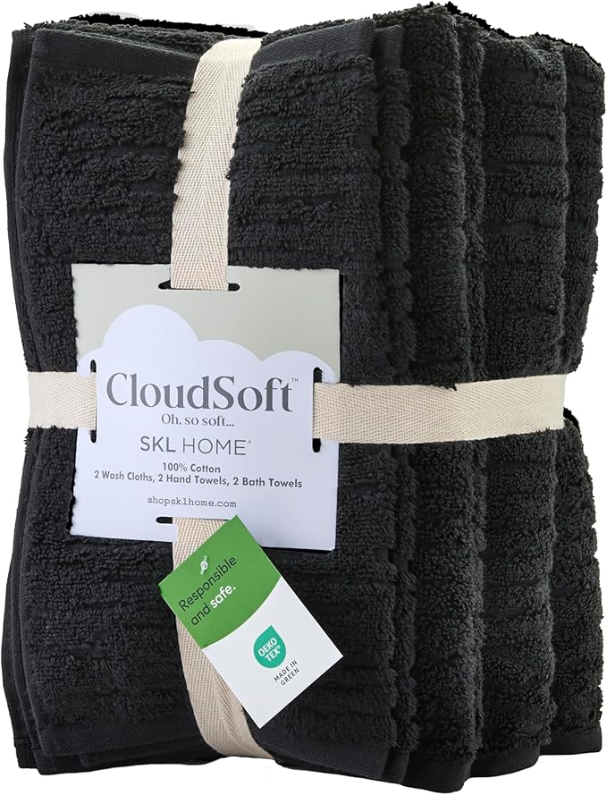 SKL Home CloudSoft 100% Cotton Luxury 6-Piece Towel Set, 600 GSM, Ultra Plush & Absorbent - 2 Bath Towels, 2 Hand Towels, 2 Washcloths, Slate