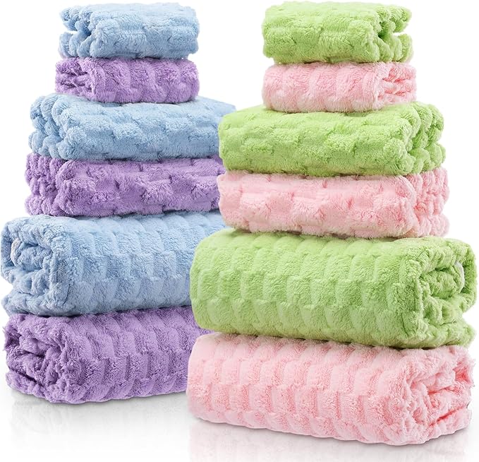 Gilprop 12 Pcs Soft Bath Towels Set for Bathroom Quick Dry, 4 Bath Sheets 4 Hand Towels 4 Washcloth Absorbent Microfiber Fluffy Shower Washcloth for Spa Gym Hotel Travel(Fresh Color)