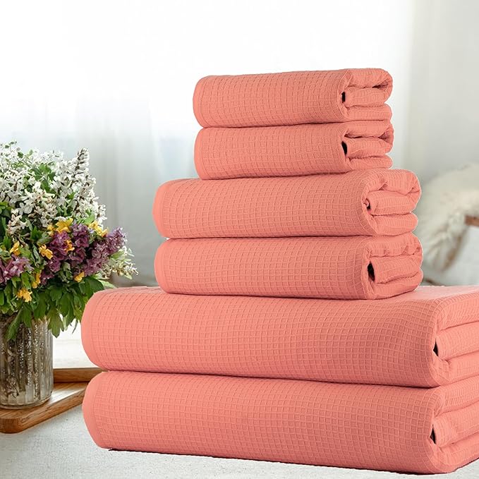 CASA COPENHAGEN Waffle 6Pcs 100% Egyptian Cotton Large Designer Towels Gift Set- Malibu Peach, 2Bath 2Hand 2Washcloths, Bath Towels for Bathroom (Box Pack, Set for Women & Men)