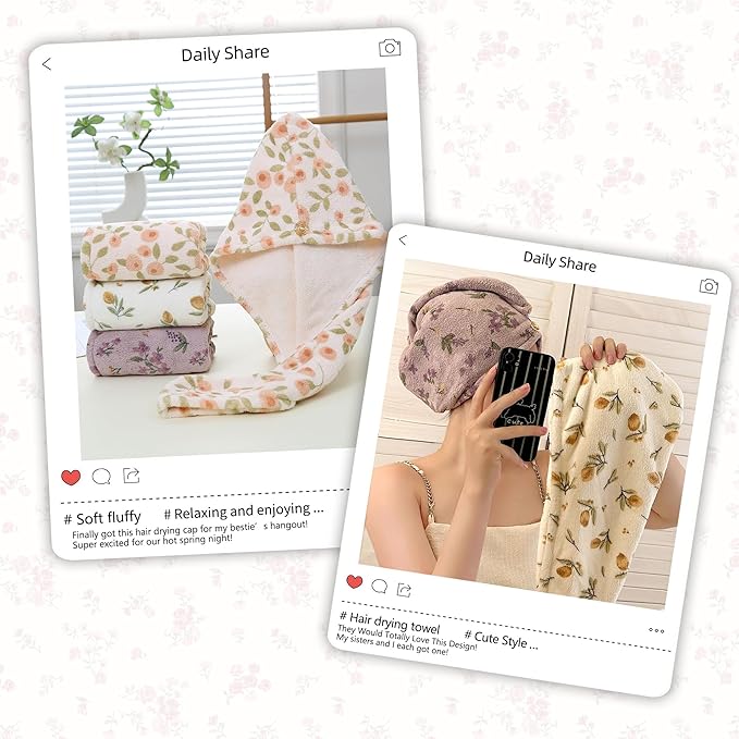 3 PCS Hair Towel Wrap Cute Pastel Floral Print Microfiber Fleece Hair Drying Towel Cap Soft Quick Dry for Women Bath Spa (Flower)