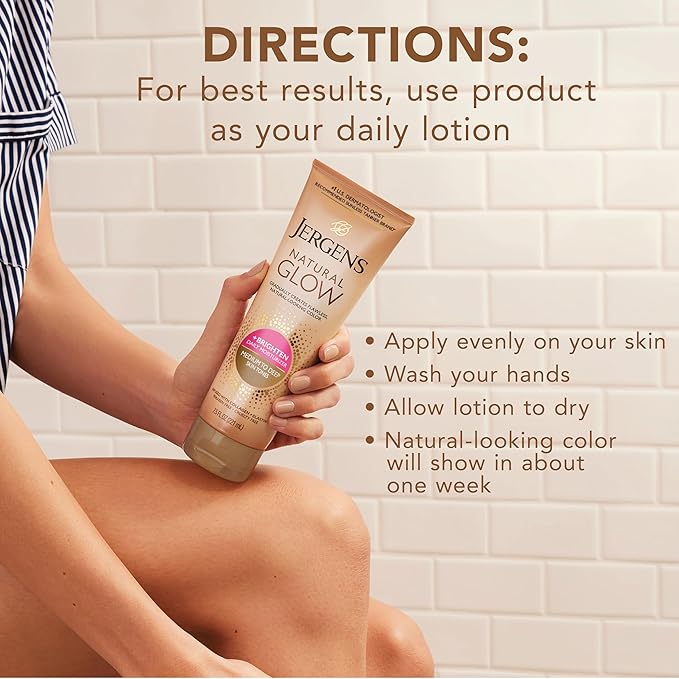 Jergens Natural Glow Self Tanner Body Lotion, Daily Sunless Tanning, Medium to Deep Skin Tone, Daily Moisturizer with Coconut Oil, Vitamin E and Antioxidants, 7.5 Oz, Pack of 2