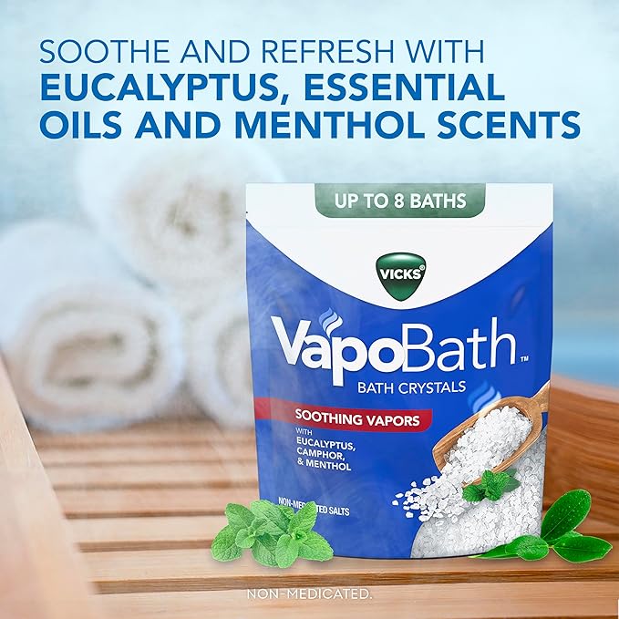 Vicks VapoBath, Bath Crystals, Soothing Non-Medicated Vicks Vapors, Refreshing Aromatherapy with Eucalyptus, Menthol, and Essential Oils, Bath Salts, 24oz