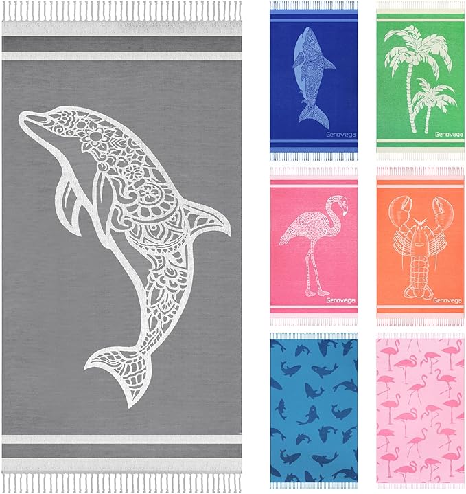 Genovega Oversized Cotton Turkish Beach Towels 72"x36" Lightweight Quick Dry Sandless Pool Swim Towel Large No Sand Compact Blanket Adult Travel Essentials Cruise Accessories Must Haves Grey Dolphin