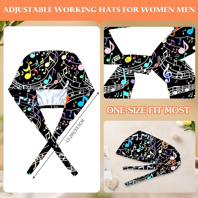Adjustable Scrub Cap with Buttons & Sweatband, Working Hat with Elastic Tie Back, Unisex Nurse Surgical Caps for Women & Men